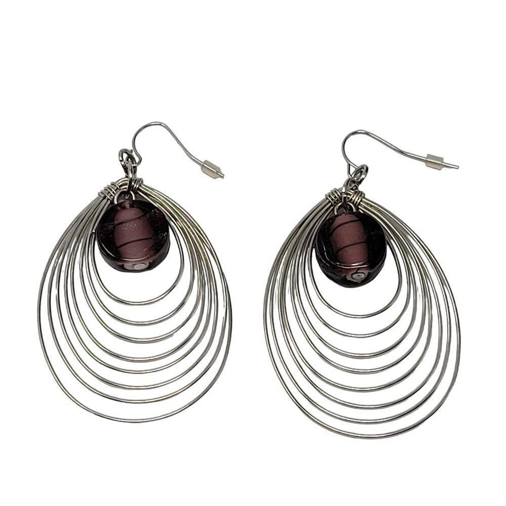 Dangle Earrings Silver Tone Layered Wire Teardrop Pierced Purple Faux Stone